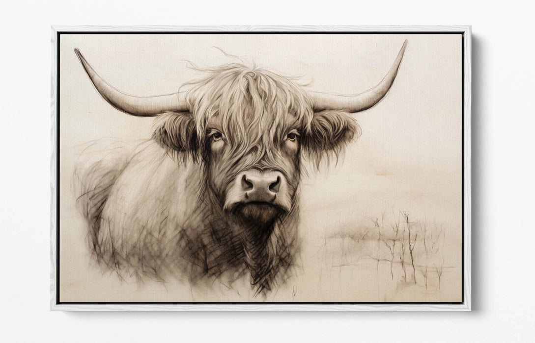 Highland Cow Canvas - Charcoal Sketch Print | Float Effect Wall Art With Premium Varnish