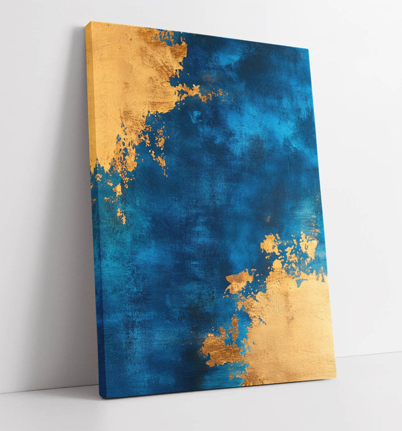 Canvas Wall Art – Blue Gold Abstract Canvas Art on MDF Frame, Ready to Hang