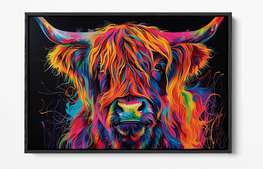 COOL MULTI COLOUR HIGHLAND COW CONTEMPORARY DECOR FLOAT EFFECT CANVAS ART PRINT
