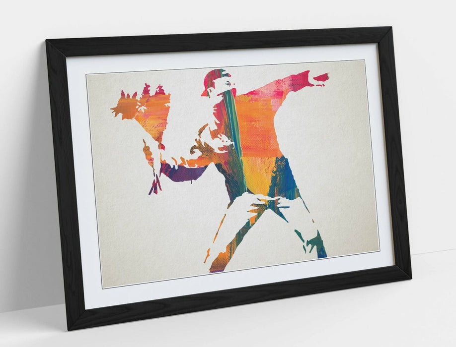 BANKSY, FLOWER THROWER RAINBOW PAINT -FRAMED WALL ART PICTURE PRINT