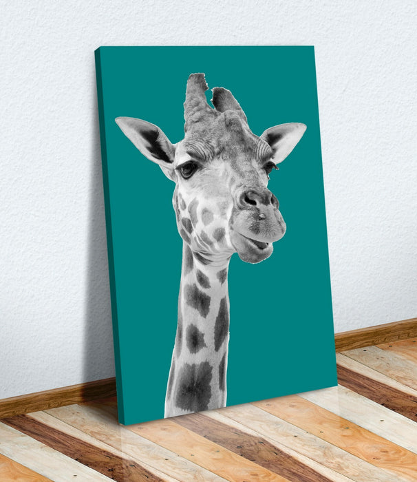 Giraffe Canvas Wall Art – Teal Black White Animal Print on Archival Grade Canvas