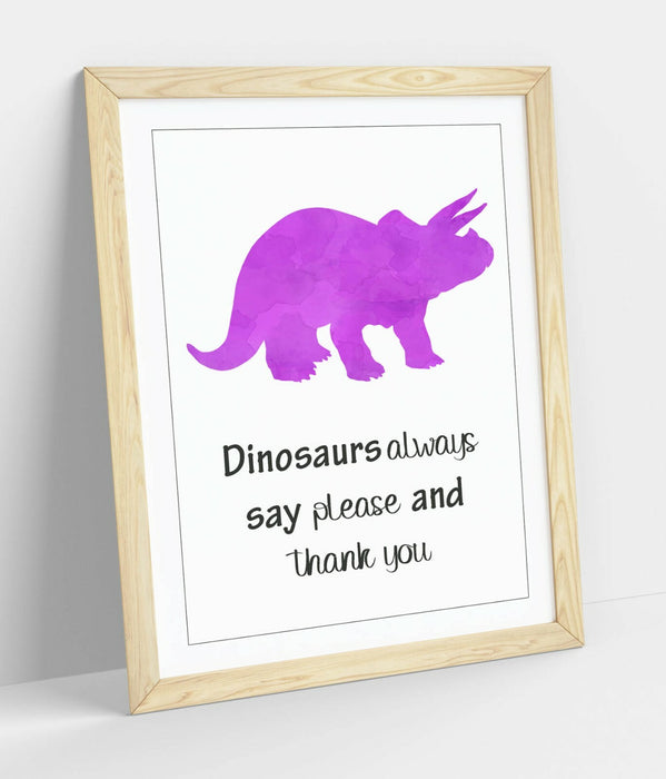 "DINOSAURS SAY PLEASE" WATERCOLOUR NURSERY QUOTE -FRAMED WALL ART PICTURE PRINT