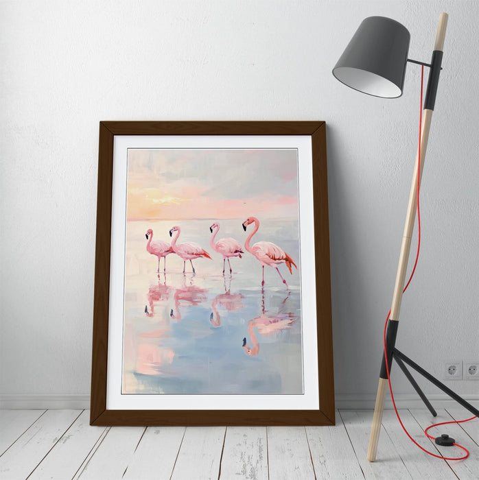 Pink Flamingo Wall Art – Framed Pastel Flamingo Print in Natural Wood Frame
