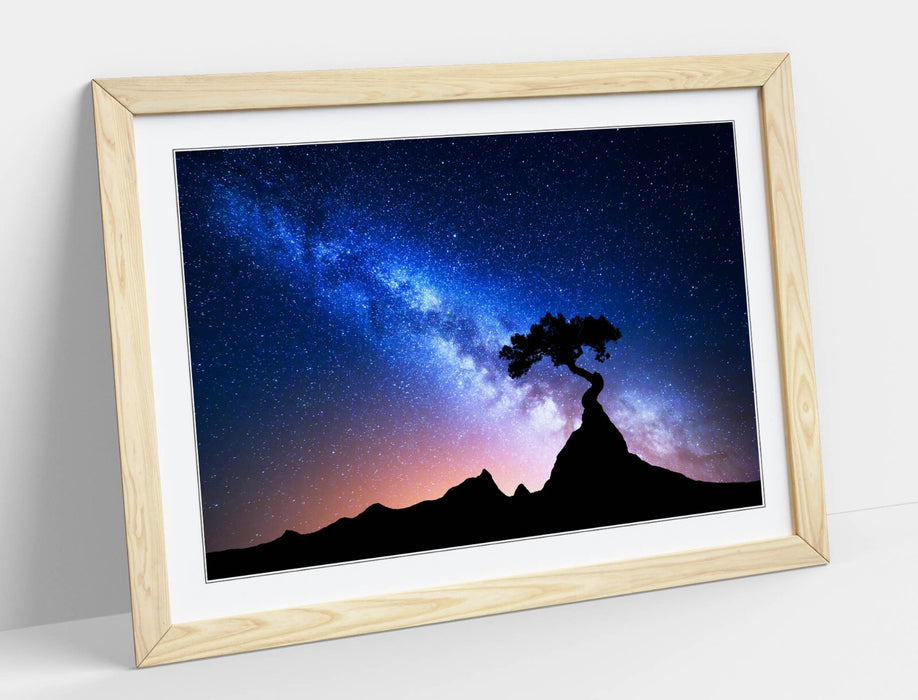 Framed Wall Art - Tree Silhouette Print With Blue Night Sky Starry Decor