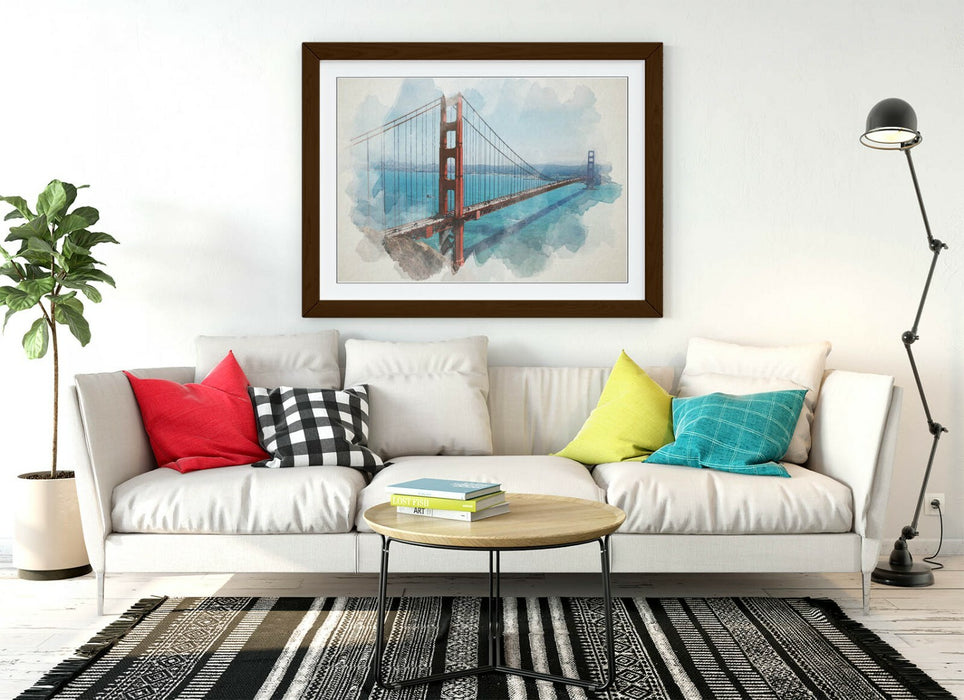 Framed Wall Art – Golden Gate Bridge Watercolour Painting Print With MDF Wood Frame