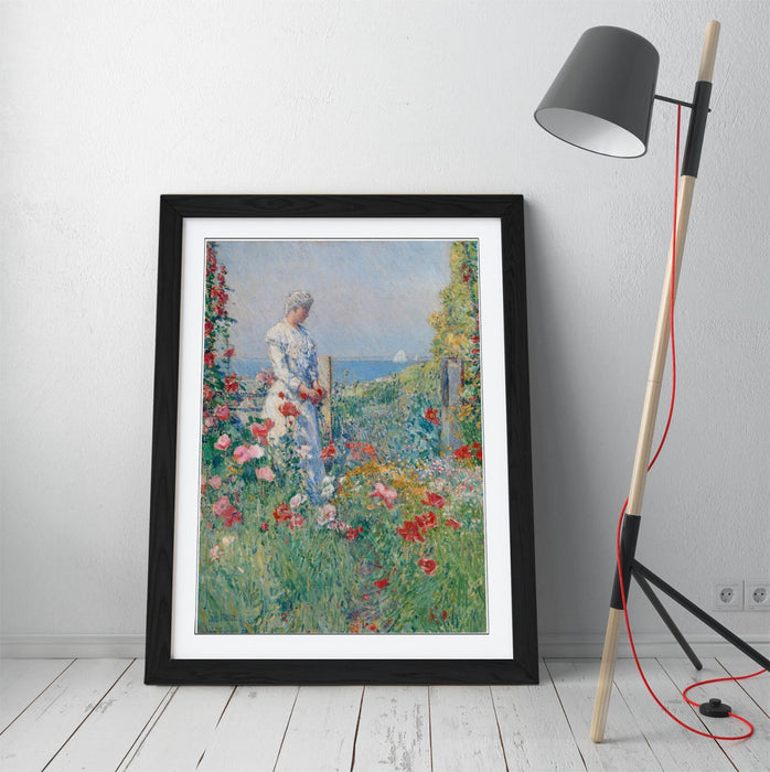 Framed Wall Art - Childe Hassam Garden Art Print With Woodgrain Frame Finish