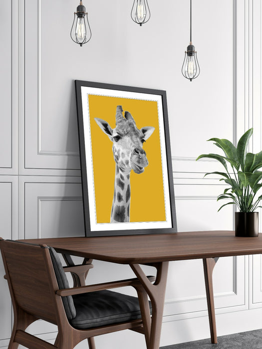 Giraffe Framed Poster – Black and White Animal Print with Mustard Decor