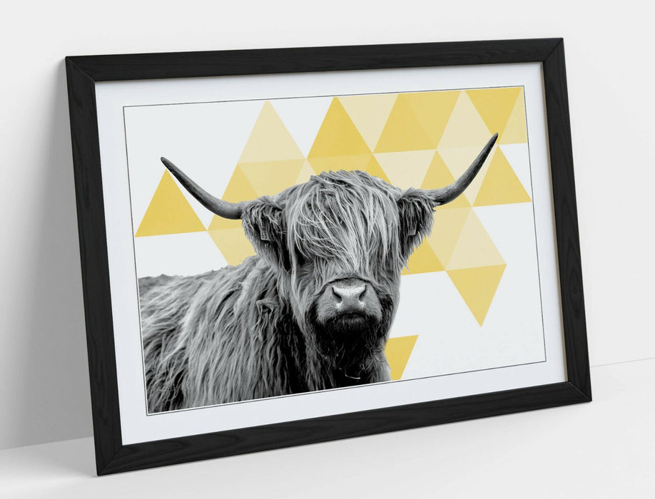 HIGHLAND COW YELLOW SPARSE GEOMETRIC -ART FRAMED POSTER PICTURE PRINT ARTWORK-