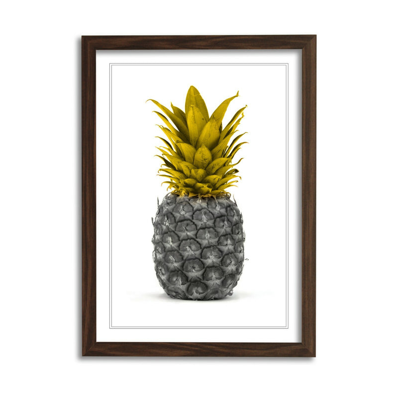 Framed Pineapple Poster – Mustard Yellow Art Print With Woodgrain Faux Frame