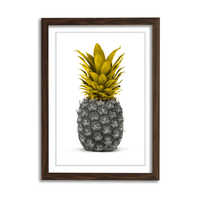 Framed Pineapple Poster – Mustard Yellow Art Print With Woodgrain Faux Frame