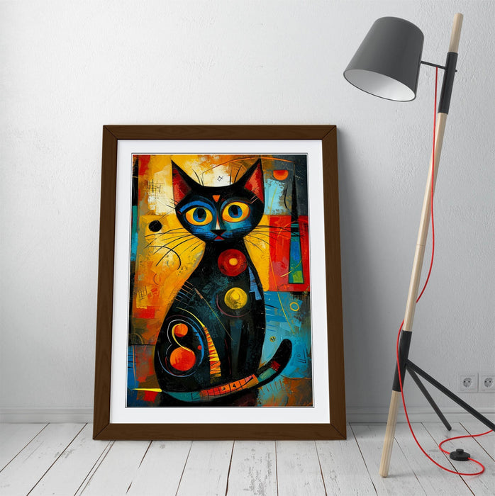 Black Cat Wall Art - Framed Abstract Home Decor Poster Print | UK Handmade