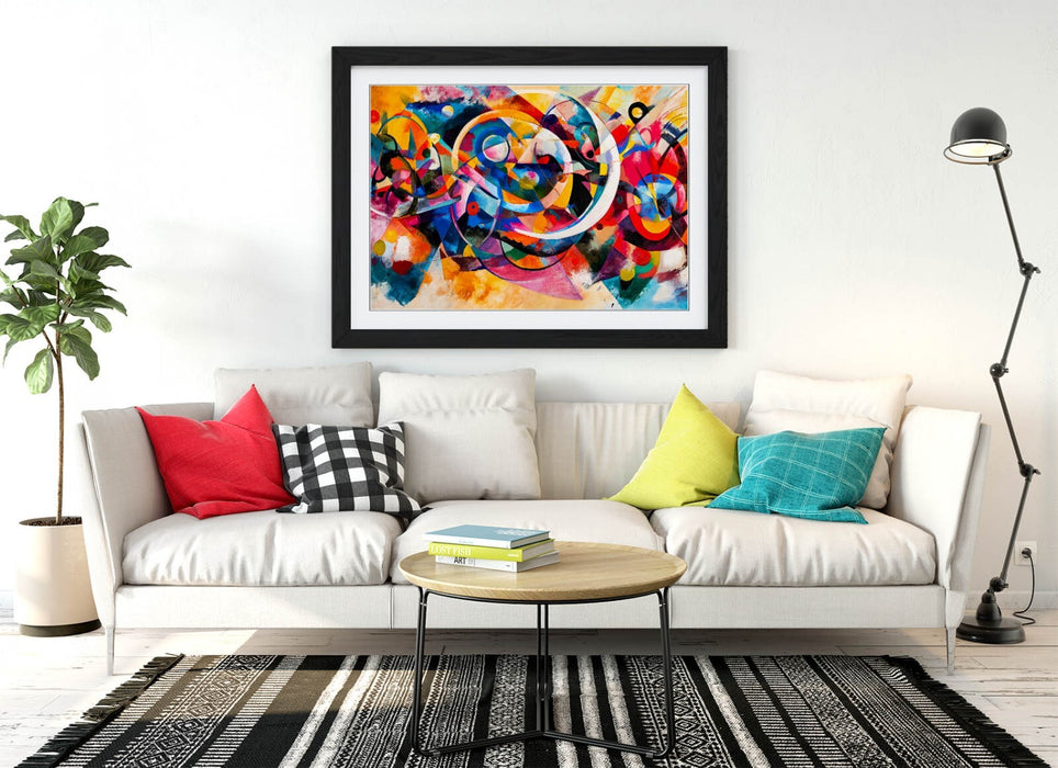 Framed Wall Art Poster – Abstract Multi Colour Kandinsky Style Print with Woodgrain Frame