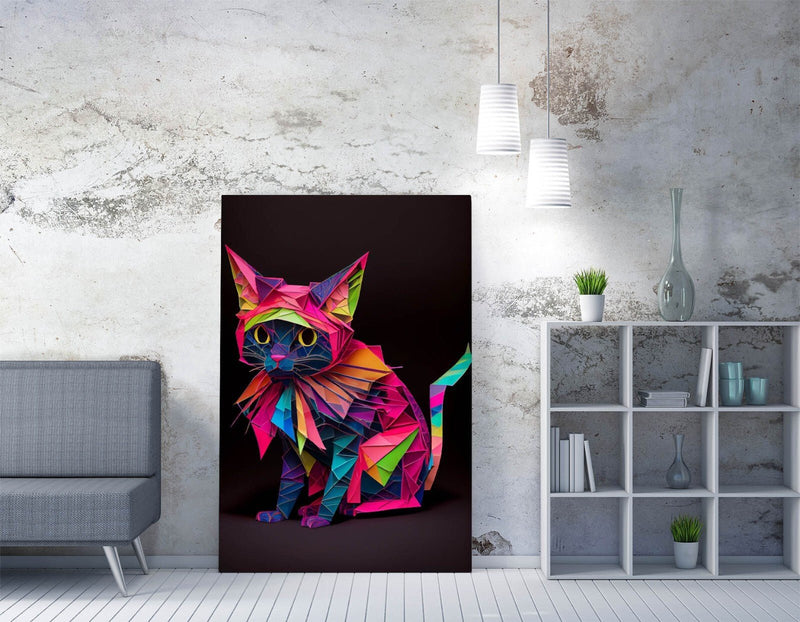 Origami Cat Wall Art - Multi Colour Canvas Wall Decor With Premium Varnish Finish