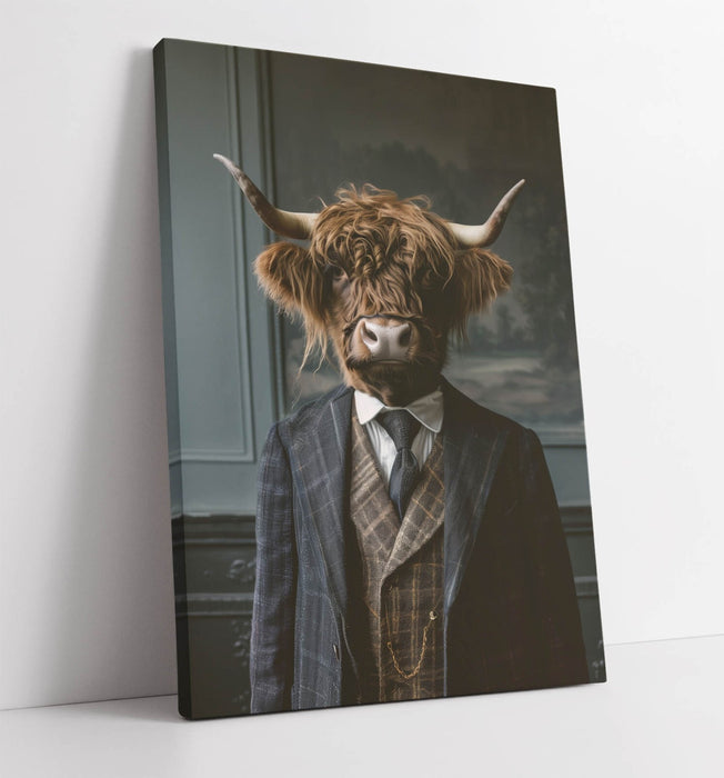Highland Cow Canvas Art - Handmade Canvas Print | Anthropomorphic Cow In Suit Wall Decor