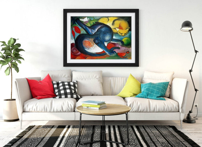 Framed Wall Art Poster – Two Cats Blue Yellow Print | Handmade MDF Wood Frame