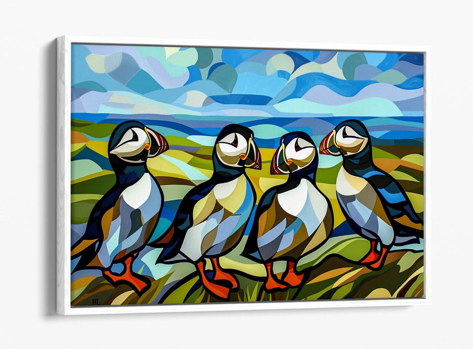 Canvas Wall Art – Puffins Art Print | Seaside Canvas Print With Float Effect Frame