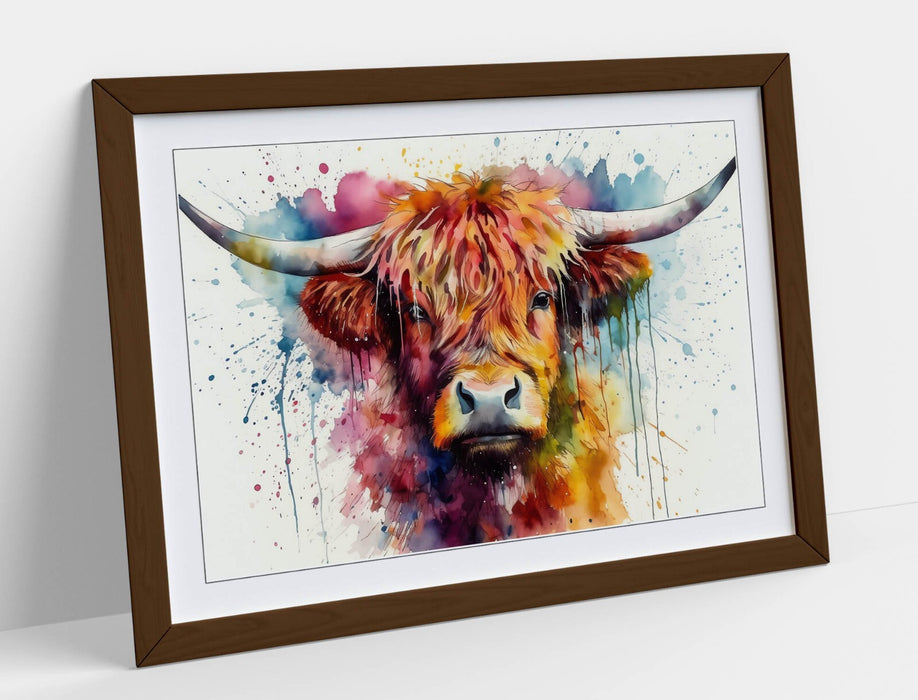 Highland Cow Wall Art – Framed Watercolour Animal Print With Woodgrain Frame