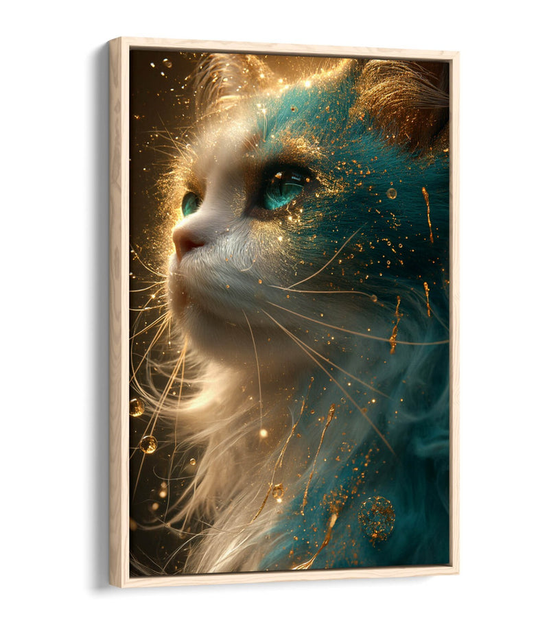 Glowing Cat Canvas Art – Blue Gold Artwork | Float Effect Canvas Print