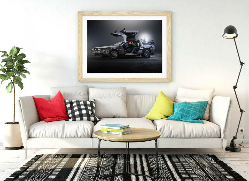 DeLorean Framed Poster – Back to the Future Art | UK Handmade Wood Grain Frame