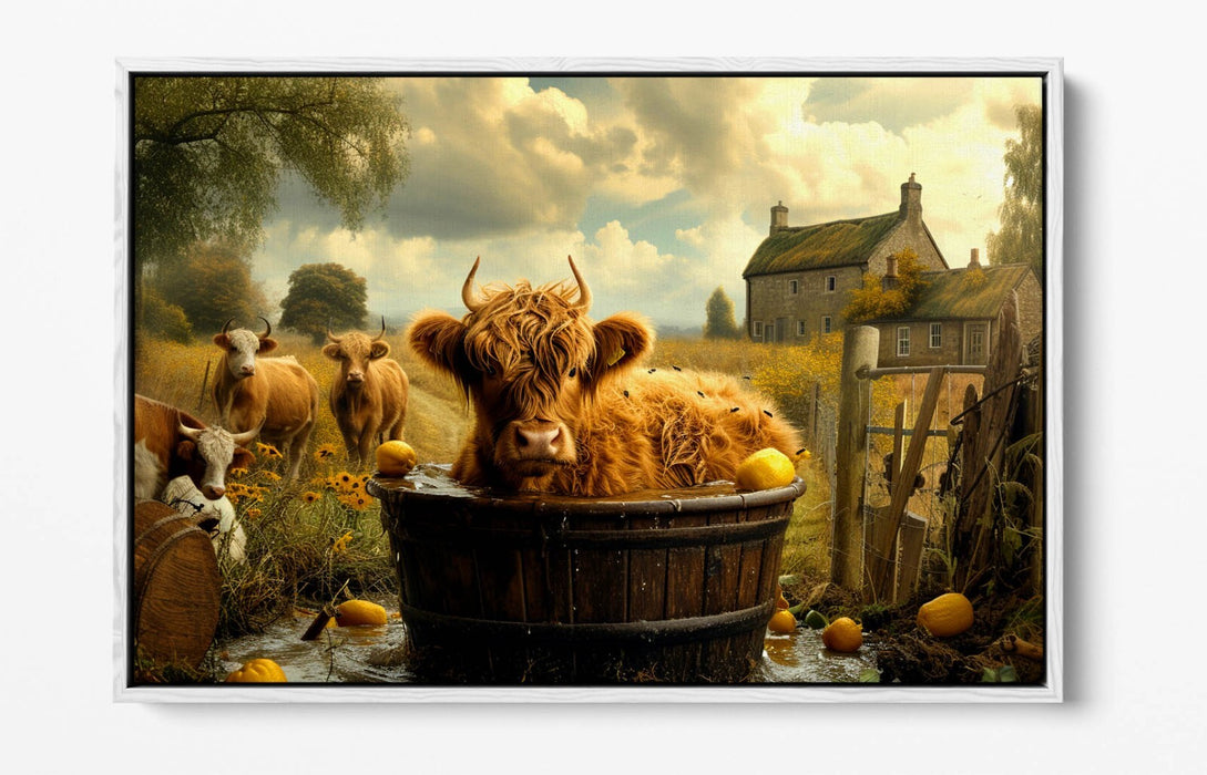 Float Effect Canvas Art – Highland Cow Print on MDF Frame | Rustic Bathroom Decor