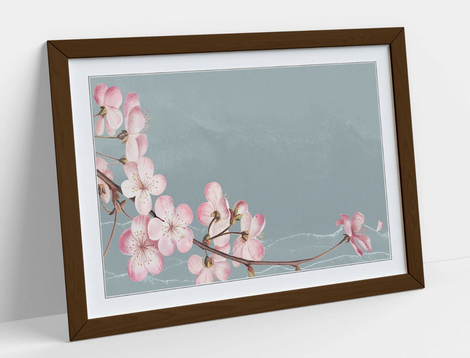 CHERRY BLOSSOM -FRAMED POSTER WALL ART PRINT ARTWORK- BLUE GREY PINK