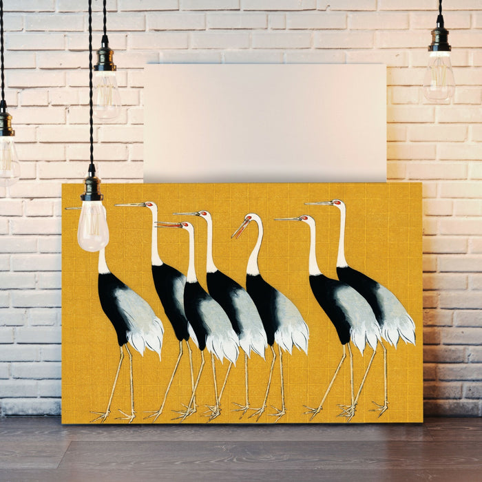 Mustard Canvas Wall Art – Oriental Crane Artwork | Handmade Japanese Decor Print