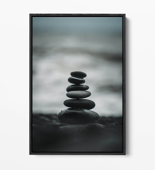 Canvas Wall Art – Stacked Zen Stones Seashore | Float Effect Print, Handmade UK
