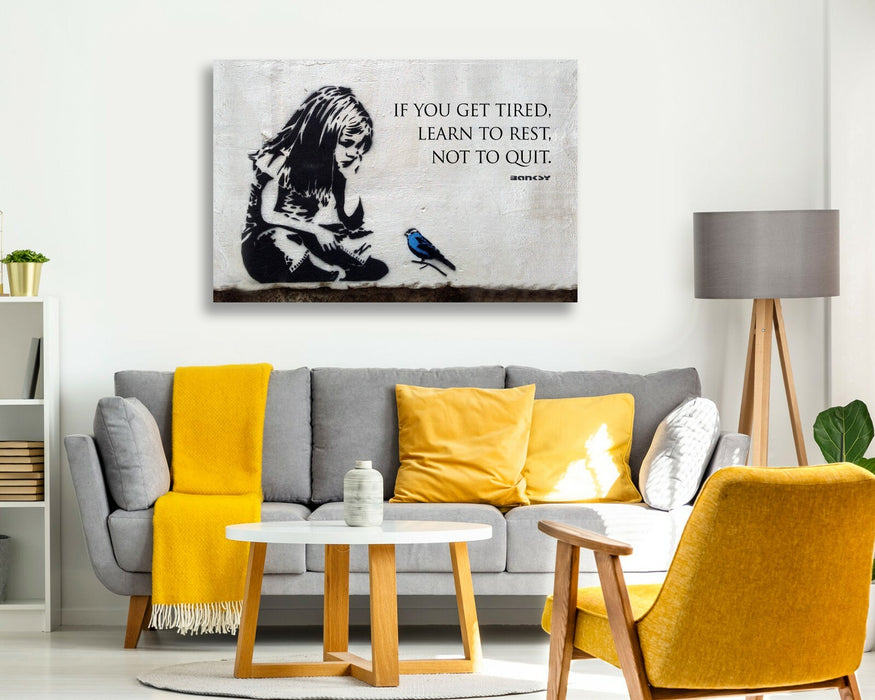 BANKSY GIRL BLUE BIRD QUOTE LEARN TO REST CANVAS WALL STREET ART PRINT GRAFFITI