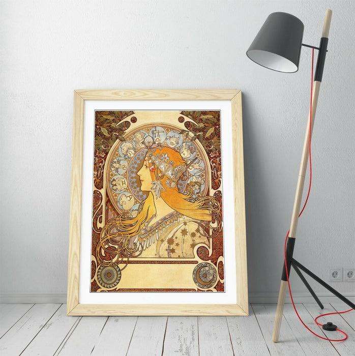Framed Art Poster – Alphonse Mucha Zodiac Print with Wood Grain Frame