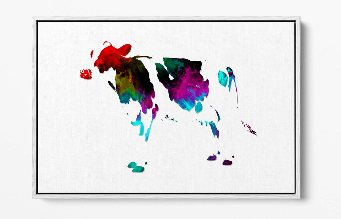 MULTI COLOUR POP ART COW WHITE BACKGROUND -FLOAT EFFECT CANVAS WALL ART PRINT