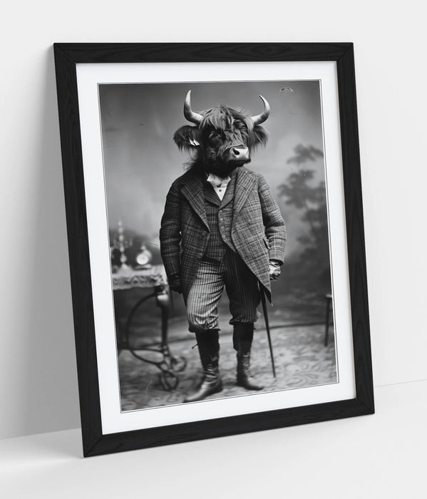 Highland Cow Wall Art – Framed Animal Poster with Woodgrain Frame, Matte Finish