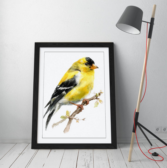 Goldfinch Wall Art - Framed Watercolor Bird Print on Matte Paper with Faux Wood Frame