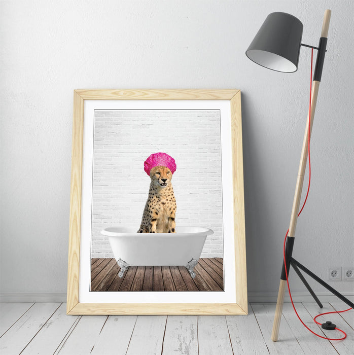 FUNNY CHEETAH IN BATHTUB -ART FRAMED POSTER PICTURE PRINT BATHROOM ARTWORK