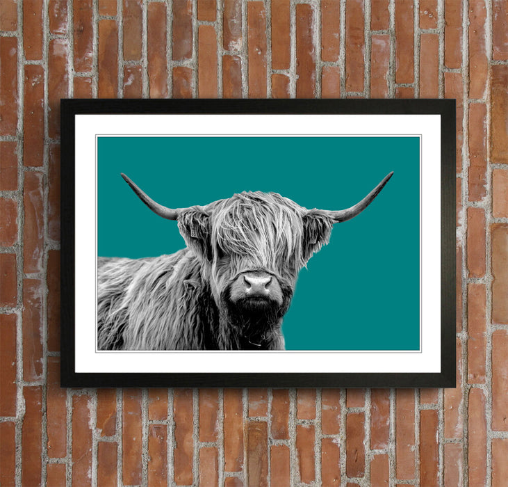 HIGHLAND COW BLACK AND WHITE TEAL FRAMED POSTER WALL ART PRINT ARTWORK DESIGN