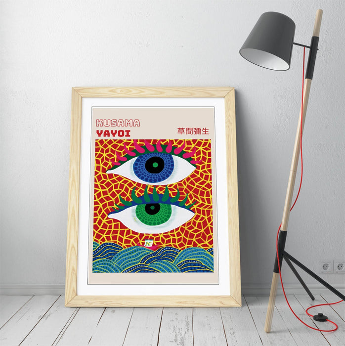 Framed Wall Art - Yayoi Kusama Abstract Eyes Contemporary Art Print With Woodgrain Faux Frame