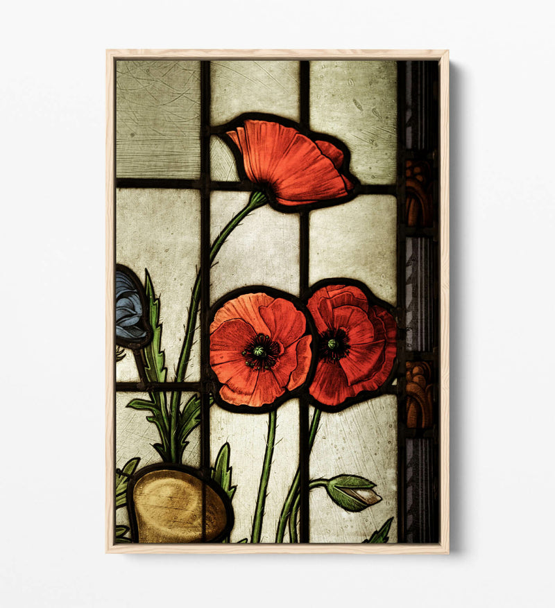 Float Effect Canvas Art - Stained Glass Poppies, Red Beige Wall Decor, Handmade UK