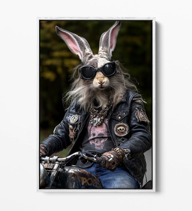 Biker Rabbit Canvas - Funny Anthropomorphic Hairy Rabbit Float Effect Art Print