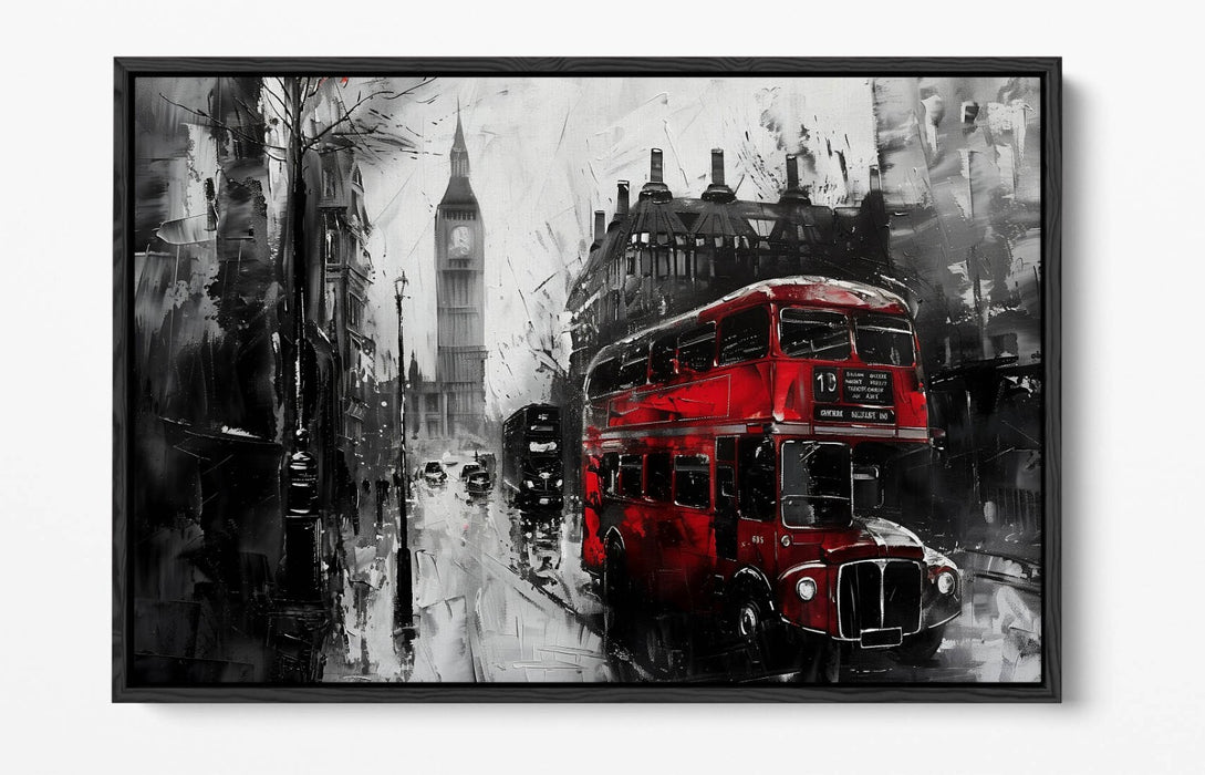 Black And White Cityscape - Red Bus Art Print | Float Effect Canvas Wall Art