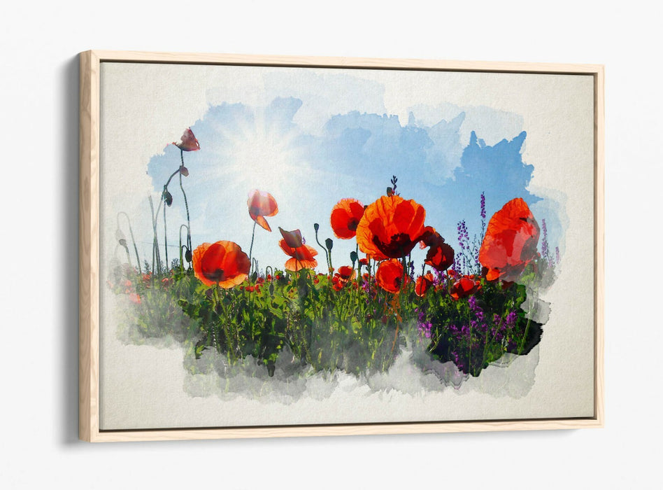 Float Effect Canvas Art - Poppy Field Landscape Watercolour Print On 30mm Deep Frame