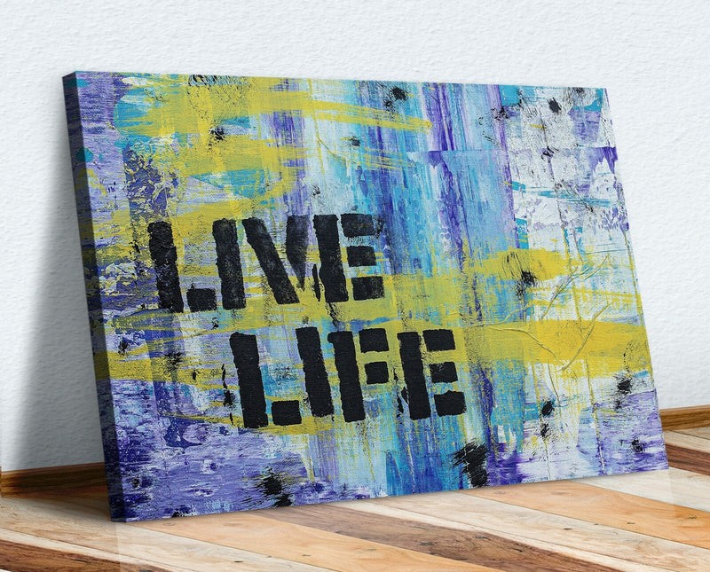 Graffiti Canvas Wall Art – Live Life Quote Blue Yellow Urban Decor Print