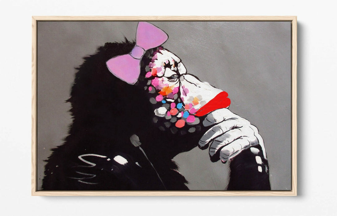 BANKSY DJ MONKEY FEMALE -FLOAT EFFECT CANVAS WALL ART PIC PRINT- BLACK PINK