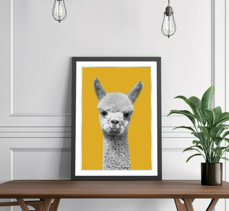 Happy Alpaca Wall Art – Framed Black White Poster With Yellow Mustard Decor
