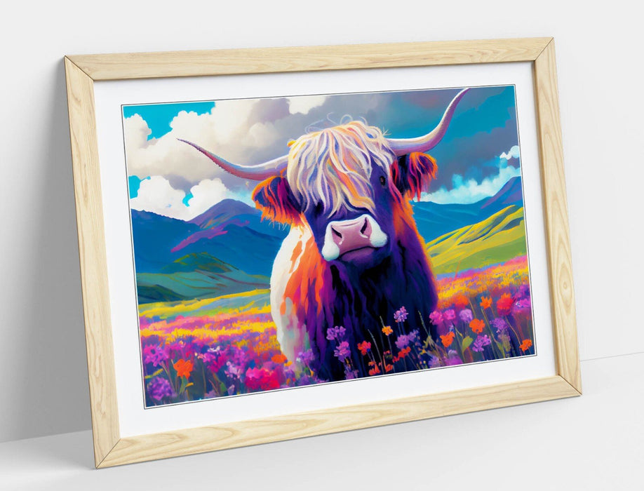 Highland Cow Wall Art – Colorful Landscape Poster With Natural Wood Frame