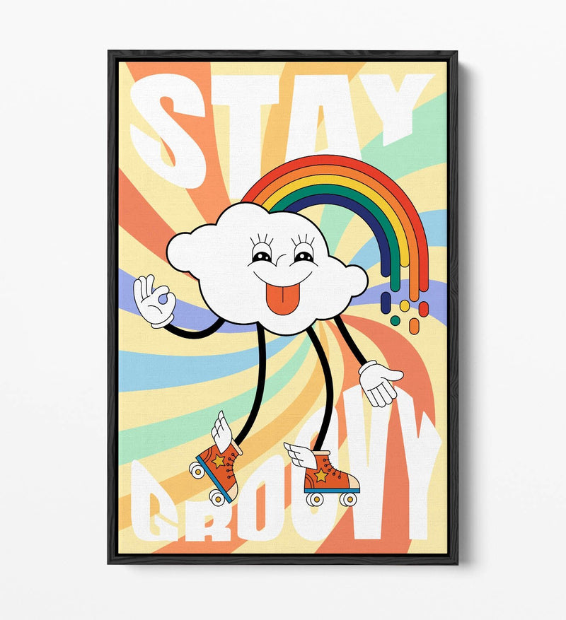 Retro Canvas Wall Art - Groovy Cloud & Rainbow Bedroom Print | Float Effect Canvas