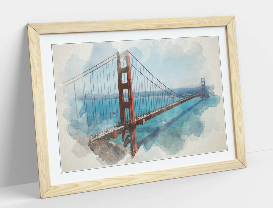 Framed Wall Art – Golden Gate Bridge Watercolour Painting Print With MDF Wood Frame