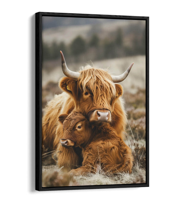 Highland Cow Canvas - Mother And Calf Art | Handmade UK Float Effect Frame