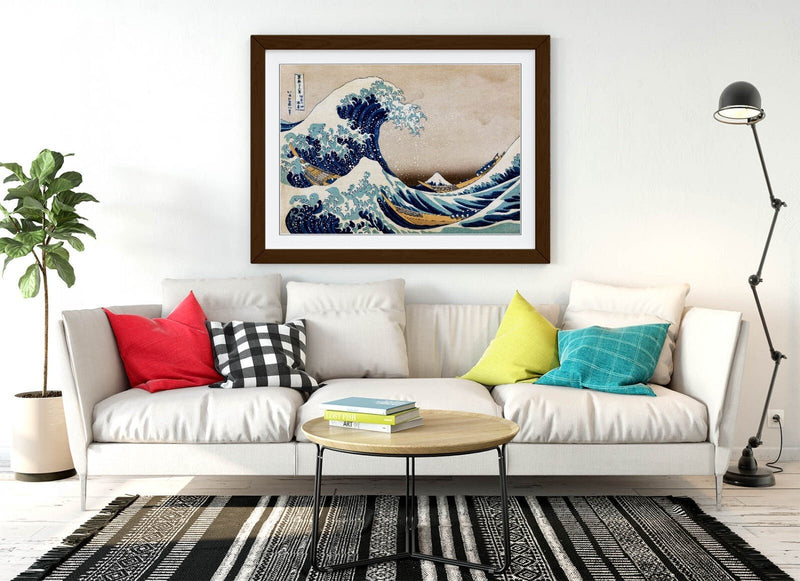 Hokusai Framed Art - Great Wave Print With Woodgrain Frame Style, Matte Paper Poster