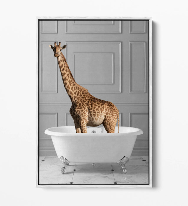 GIRAFFE IN BATHTUB -QUIRKY BATHROOM FLOAT EFFECT CANVAS WALL ART PIC PRINT