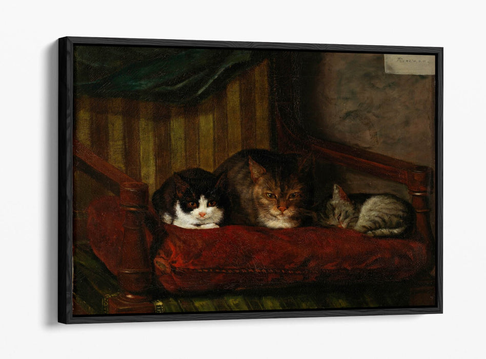 Float Effect Canvas Art - Cat With Kittens Handmade Wall Print, Premium Varnish Finish