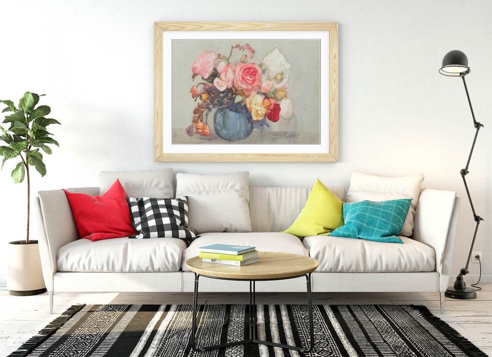 Framed Wall Art - Dorothy Richmond Roses And Berries Botanical Print With Natural Wood Frame